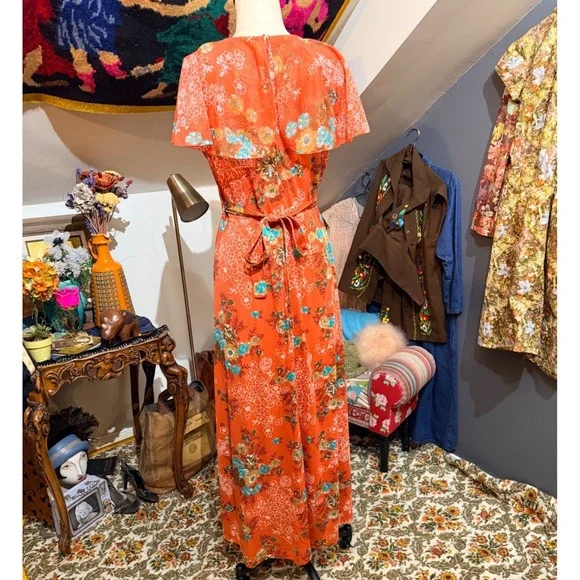 Vintage 70s Coral Orange Floral Maxi Dress Ruffle Flutter Sleeve Boho Size 10 - Picture 3 of 9